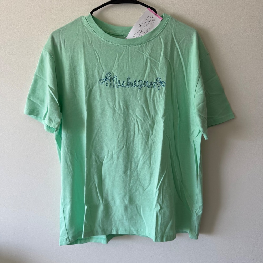 State of Mine Michigan Embroidered Graphic Tee Mint Green Small 16470